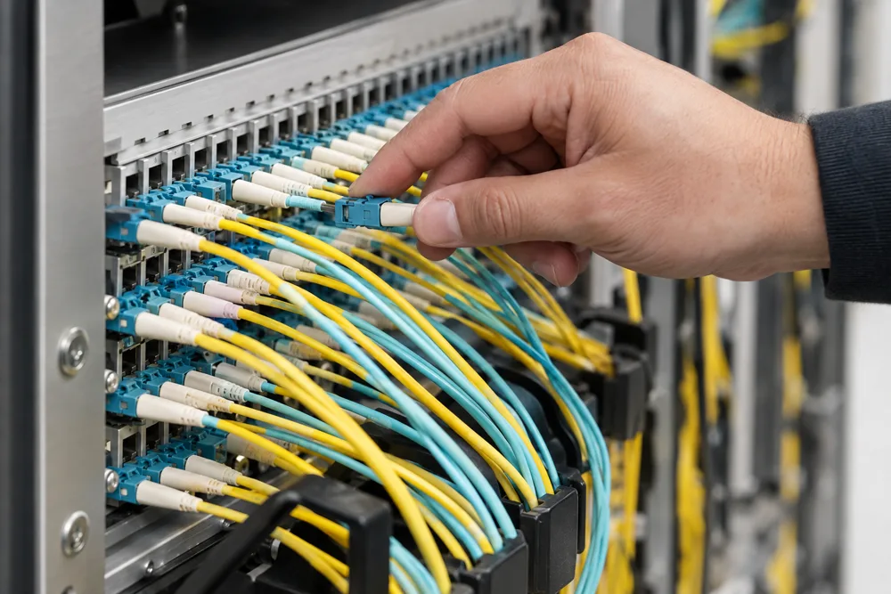 A hand seats a fiber-optic connector into a densely patched panel of yellow and aqua cables.