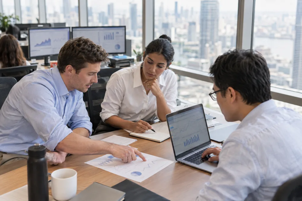 Three analysts at a shared desk in a high-rise office review a printed chart and a laptop, a city skyline through the windows behind them.