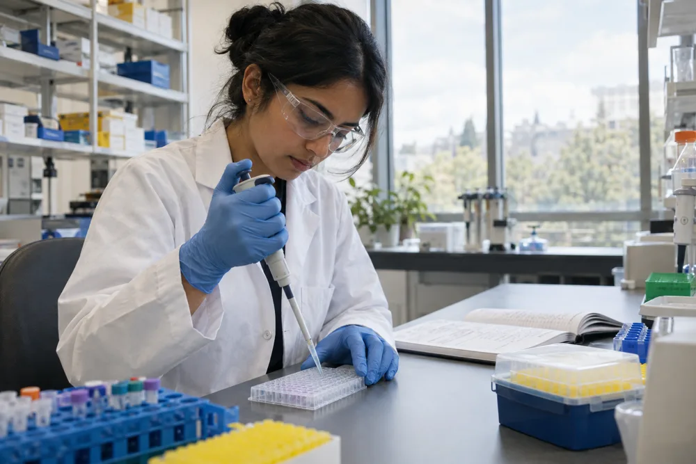 A researcher in a lab coat, safety glasses and blue gloves pipettes into a well plate at a laboratory bench, tube racks in the foreground.