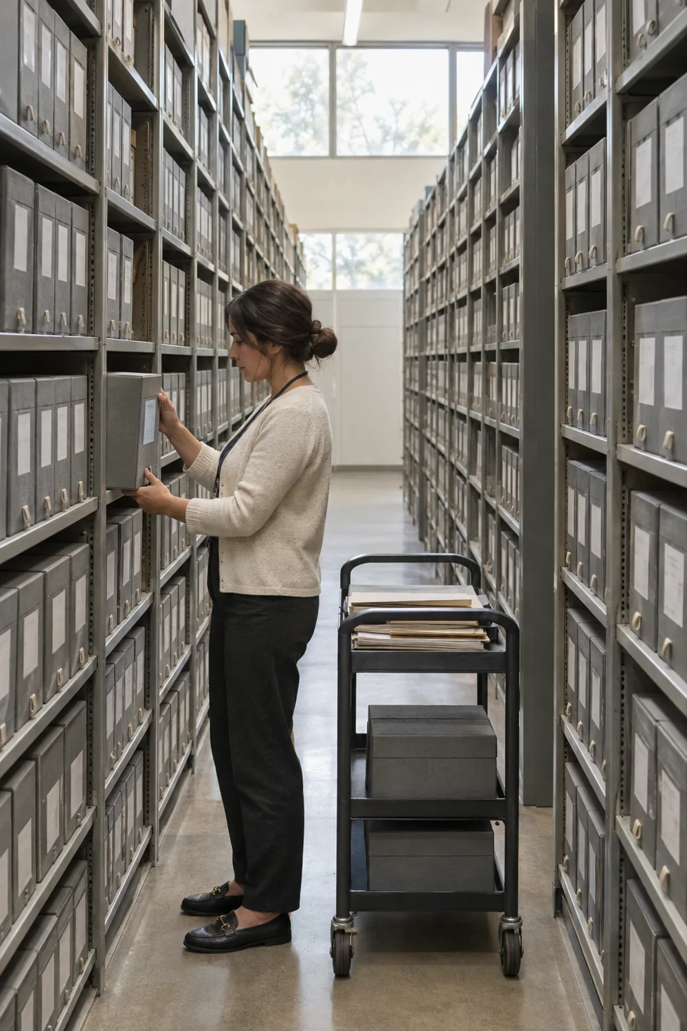 An archivist lifts a grey box from a long aisle of shelving filled with uniform archive boxes, a cart of files beside her and tall windows at the far end.