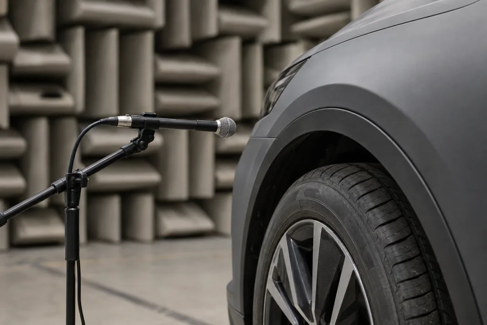 Close view of a microphone on a boom stand aimed at a vehicle's front wheel arch, the foam wedges of an anechoic chamber behind.
