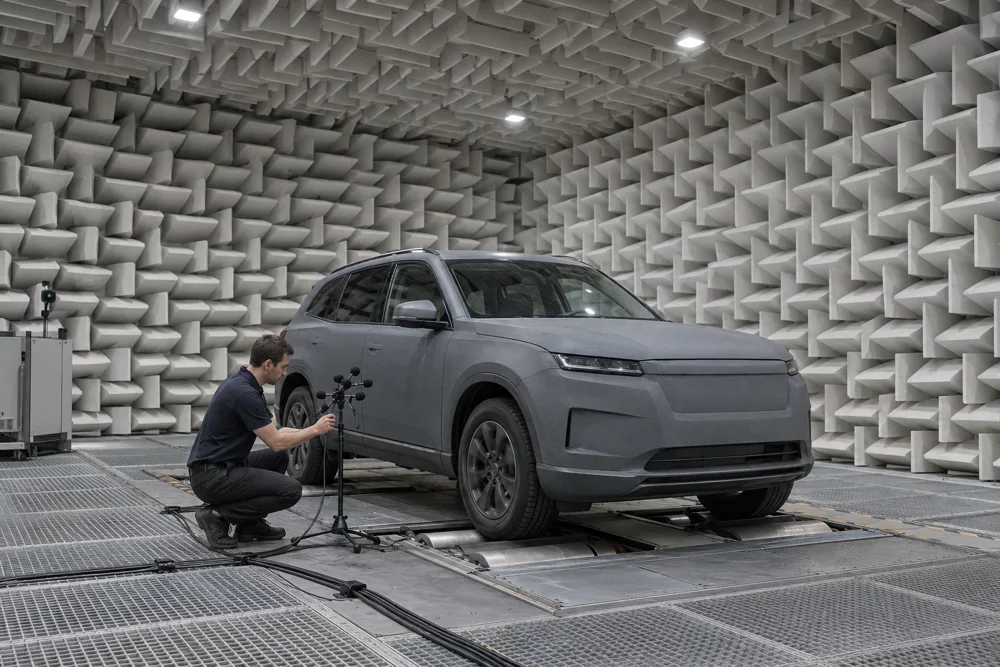 A technician kneels to adjust a microphone stand beside a grey test vehicle on rollers inside an anechoic chamber lined with foam wedges.