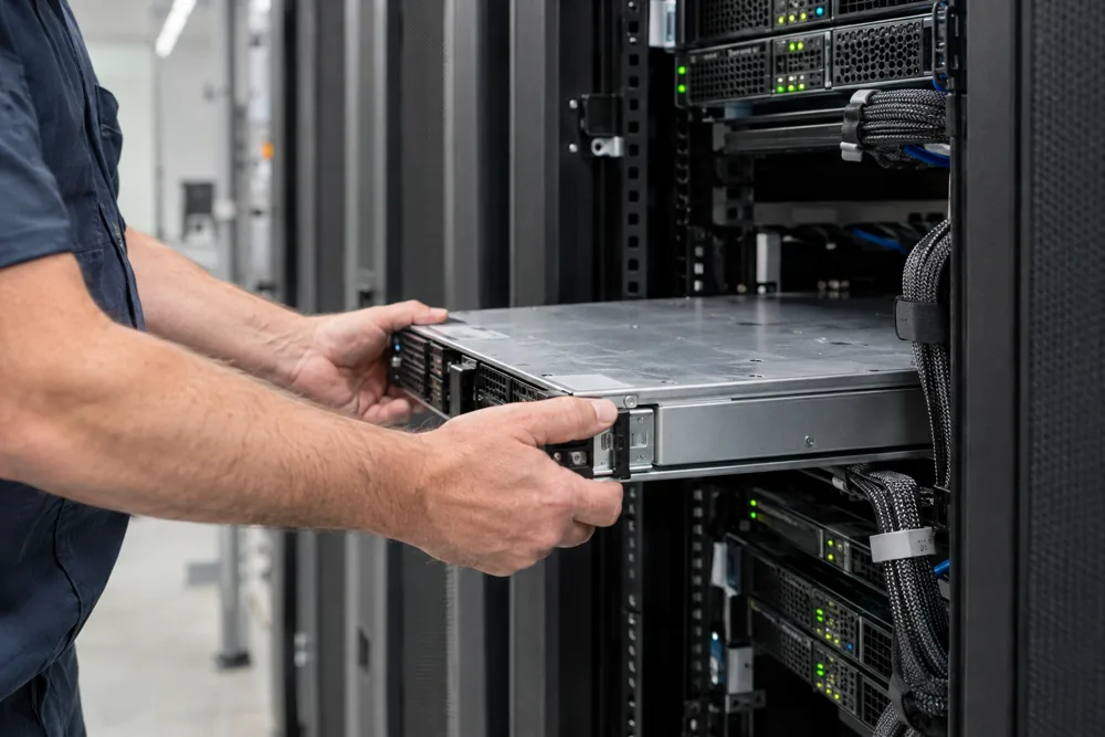 A technician's hands slide a server into an open rack, braided cable bundles along its side and green status lights on the units below.