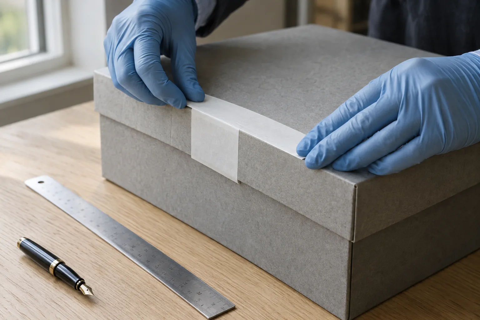Gloved hands secure an archival records box with paper tape on a wood workbench.