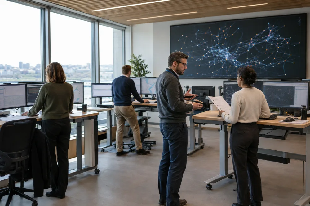 An operations room with standing desks and tall windows; staff work at monitors while two colleagues confer beneath a large wall display of a network graph.