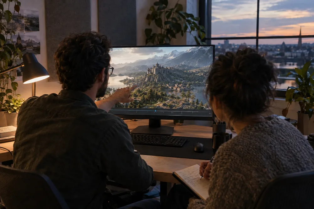 Two developers at dusk review a rendered landscape with a hilltop castle on a large monitor; one points at the screen while the other takes notes, a city skyline in the window.